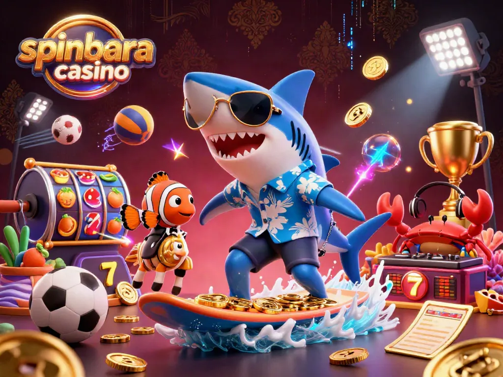 Engage with the vibrancy of spinbara casino in this dynamic 3D illustration featuring diverse game elements.