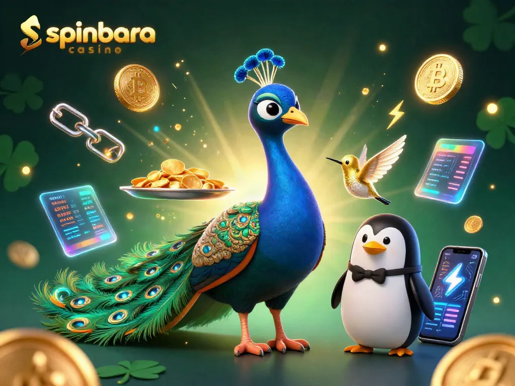 Engage with spinbara casino's vibrant 3D scene featuring a peacock and a penguin in an immersive gaming environment.