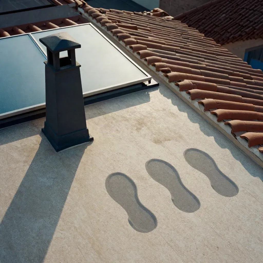 Tejado con chimenea y lucernario, sombras de placas solares y calor vibrando al amanecer.