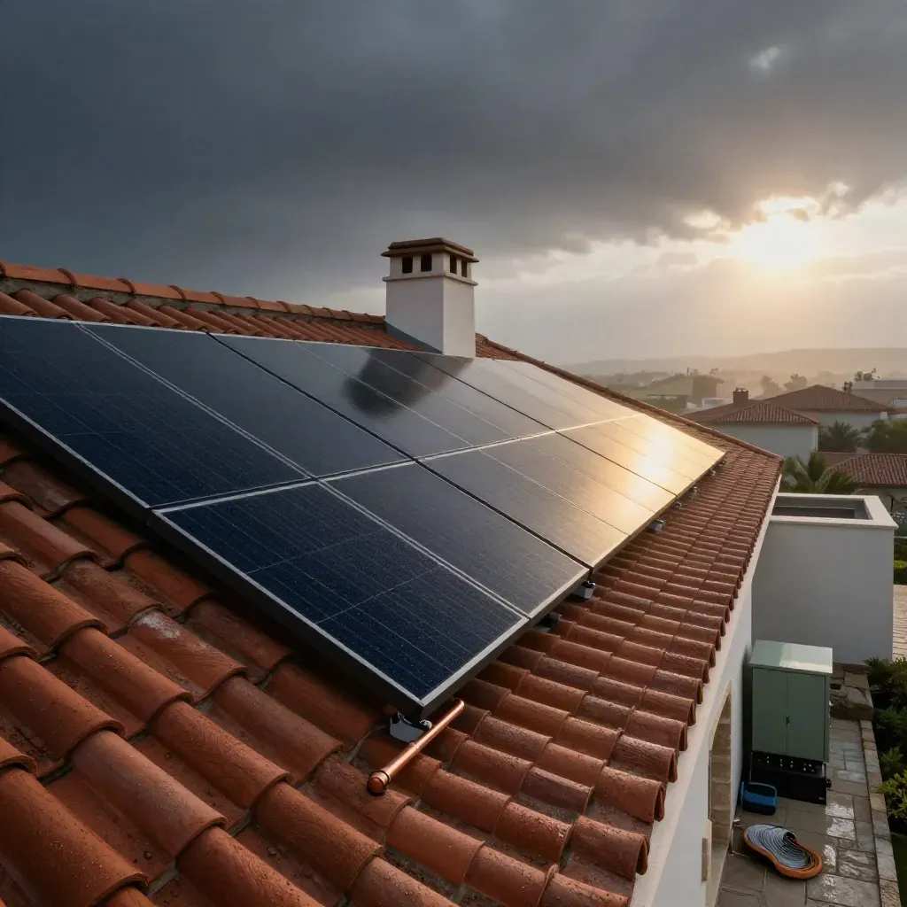 Tejado de villa con paneles solares, batería y niebla al amanecer.