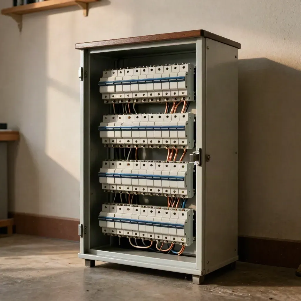 Cuadro eléctrico solar abierto con inversor, protecciones y luces de estado en un garaje claro.
