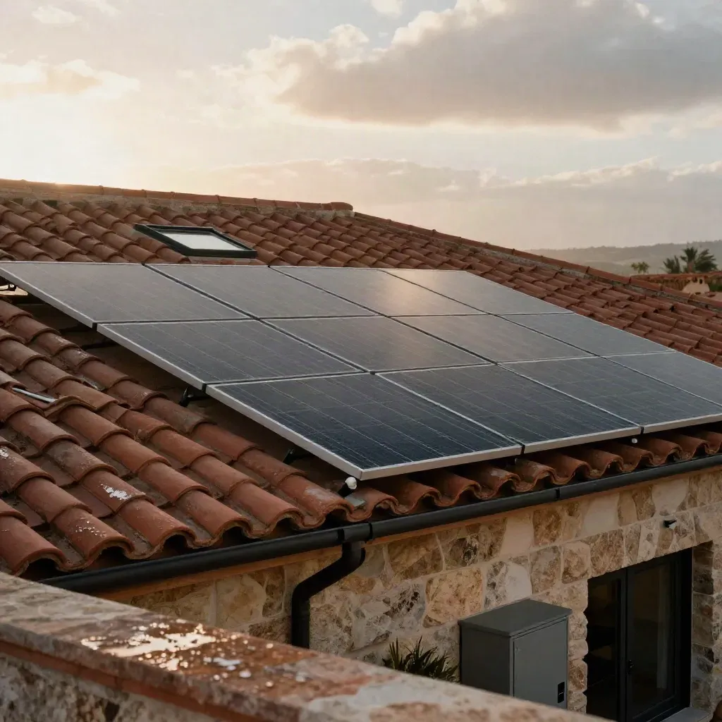 Tejado español con paneles solares, lucernario y batería discreta, luz cálida y húmeda.