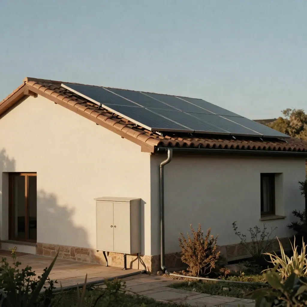 Casa en Alcalá con ocho placas solares y batería compacta en un día soleado.