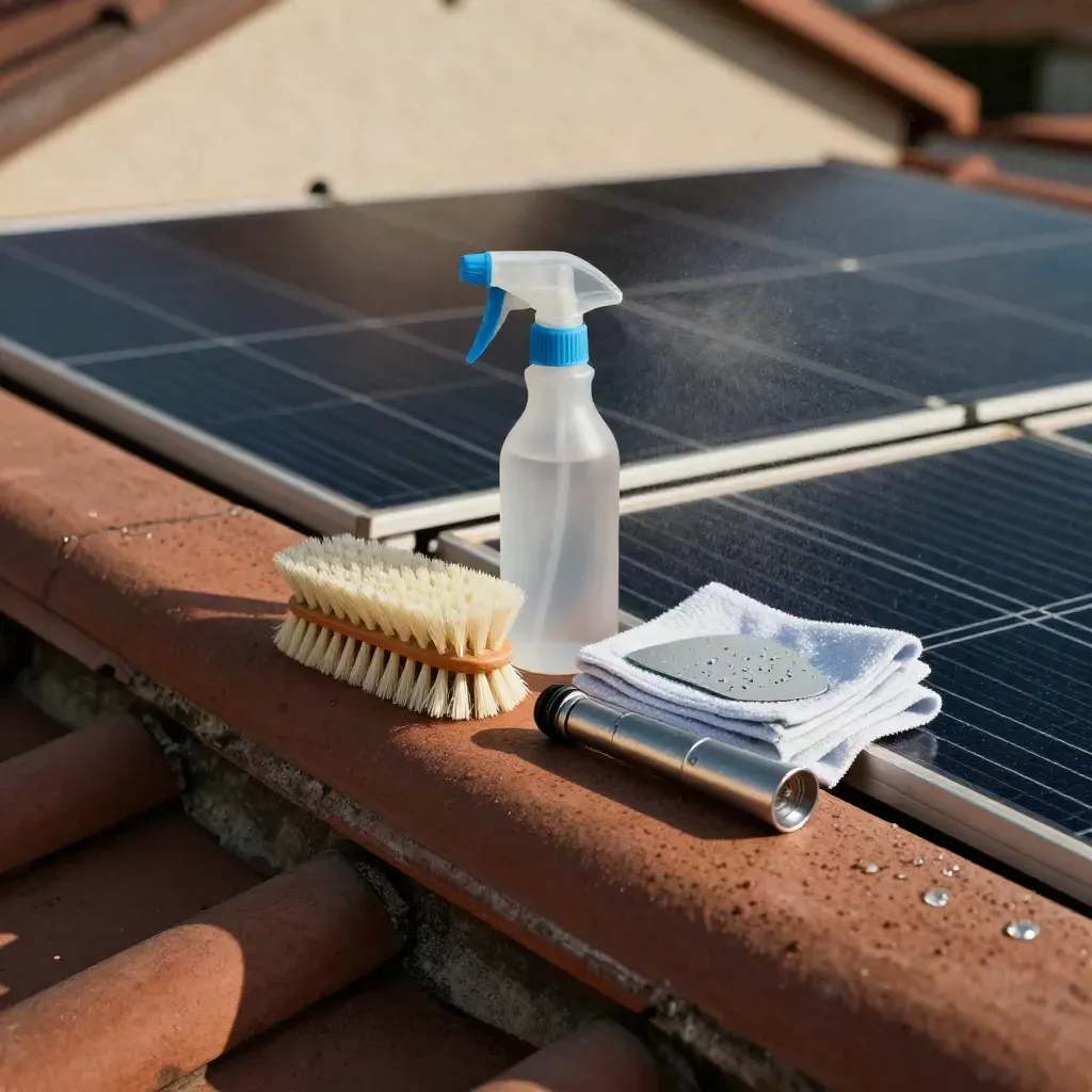 Kit de mantenimiento solar sobre teja, con panel, pulverizador, cepillo, paño y linterna, en luz cálida.