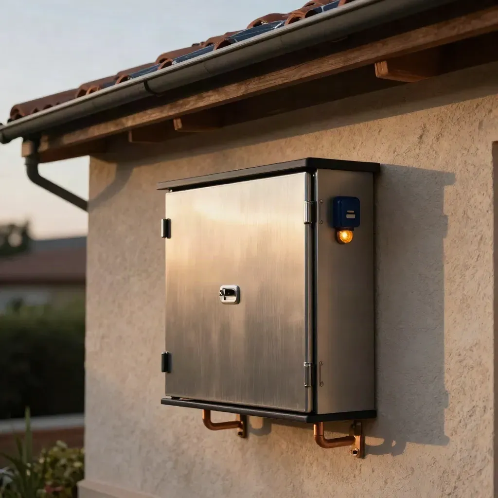 Batería solar junto al muro de un chalet madrileño con paneles en el tejado, en luz de tarde.