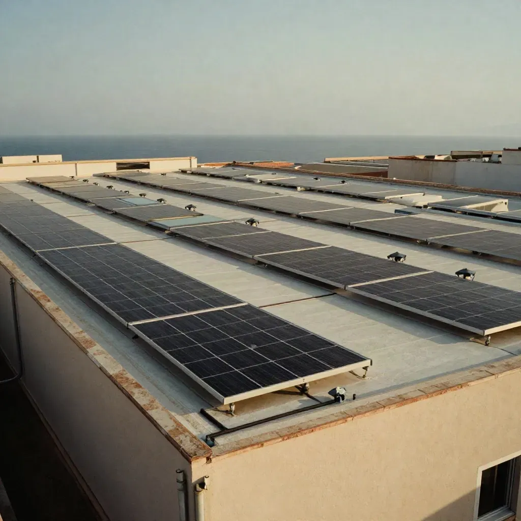 Azotea industrial en Valencia con paneles solares, lucernarios y cielo marino suave.