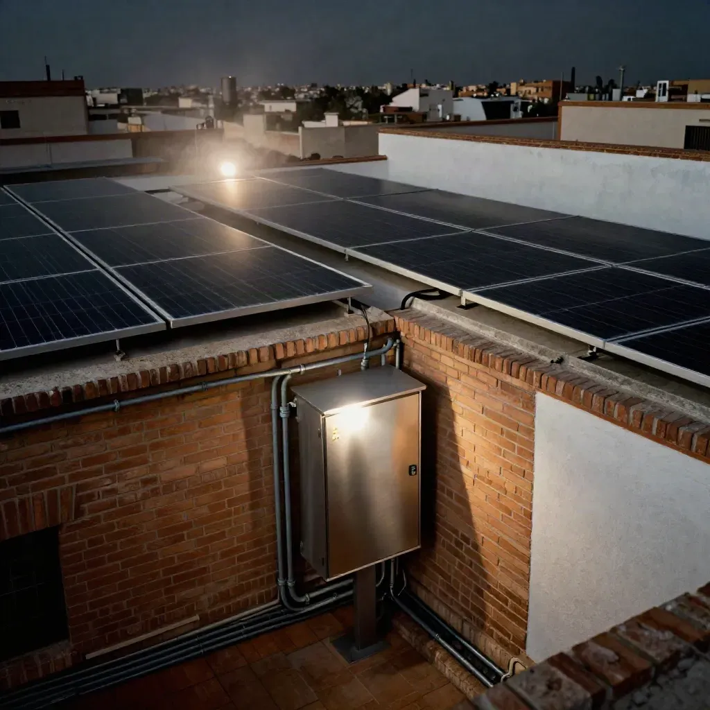 Tejado de taller sevillano con placas solares, armario eléctrico y canalizaciones sobre ladrillo cálido.