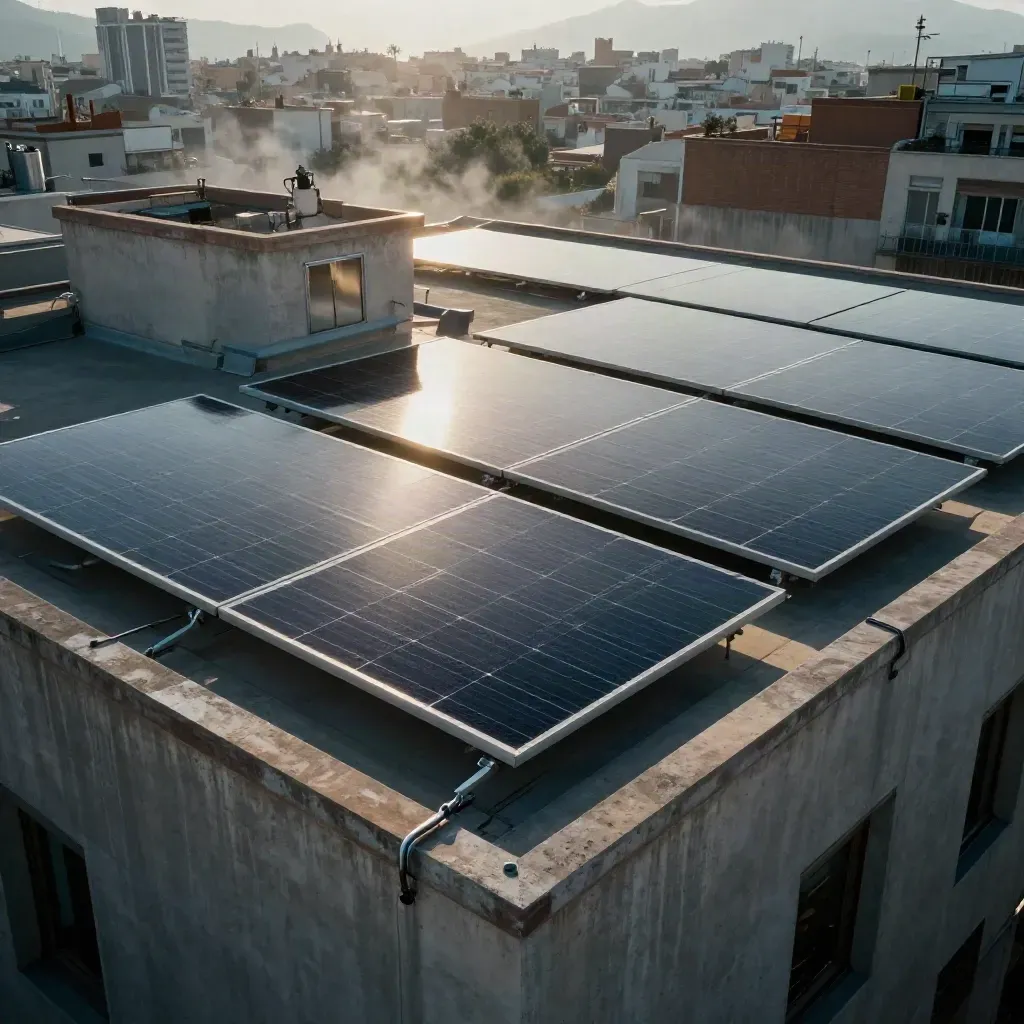 Azotea de Barcelona con placas solares compartidas, cuarto técnico y niebla marina al amanecer.