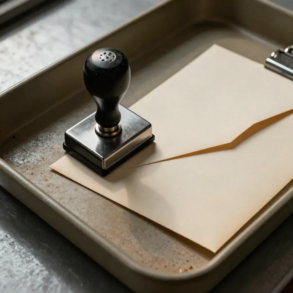 Sello, prensa de relieve, clip metálico y sobre manila sellado sobre bandeja de archivo.