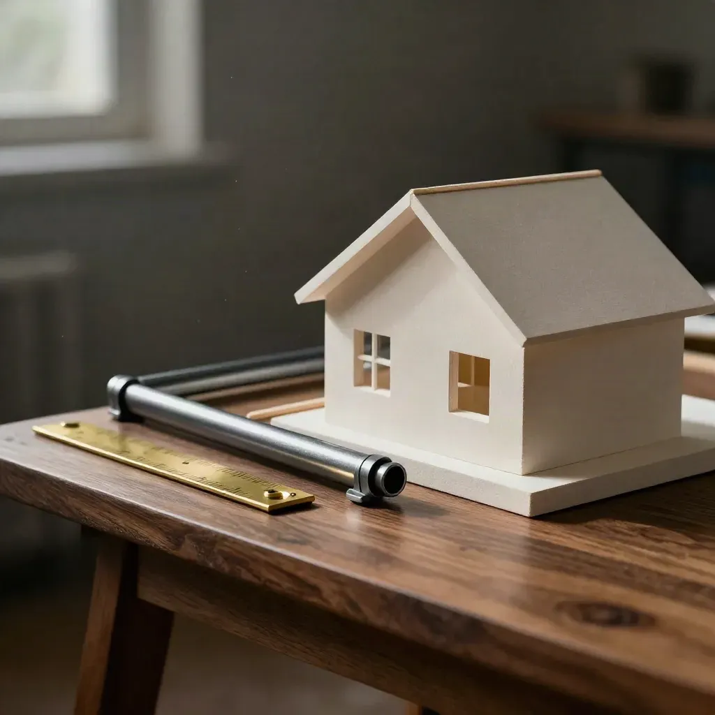 Maqueta de tejado con raíles y escuadra sobre banco de nogal, en macro.