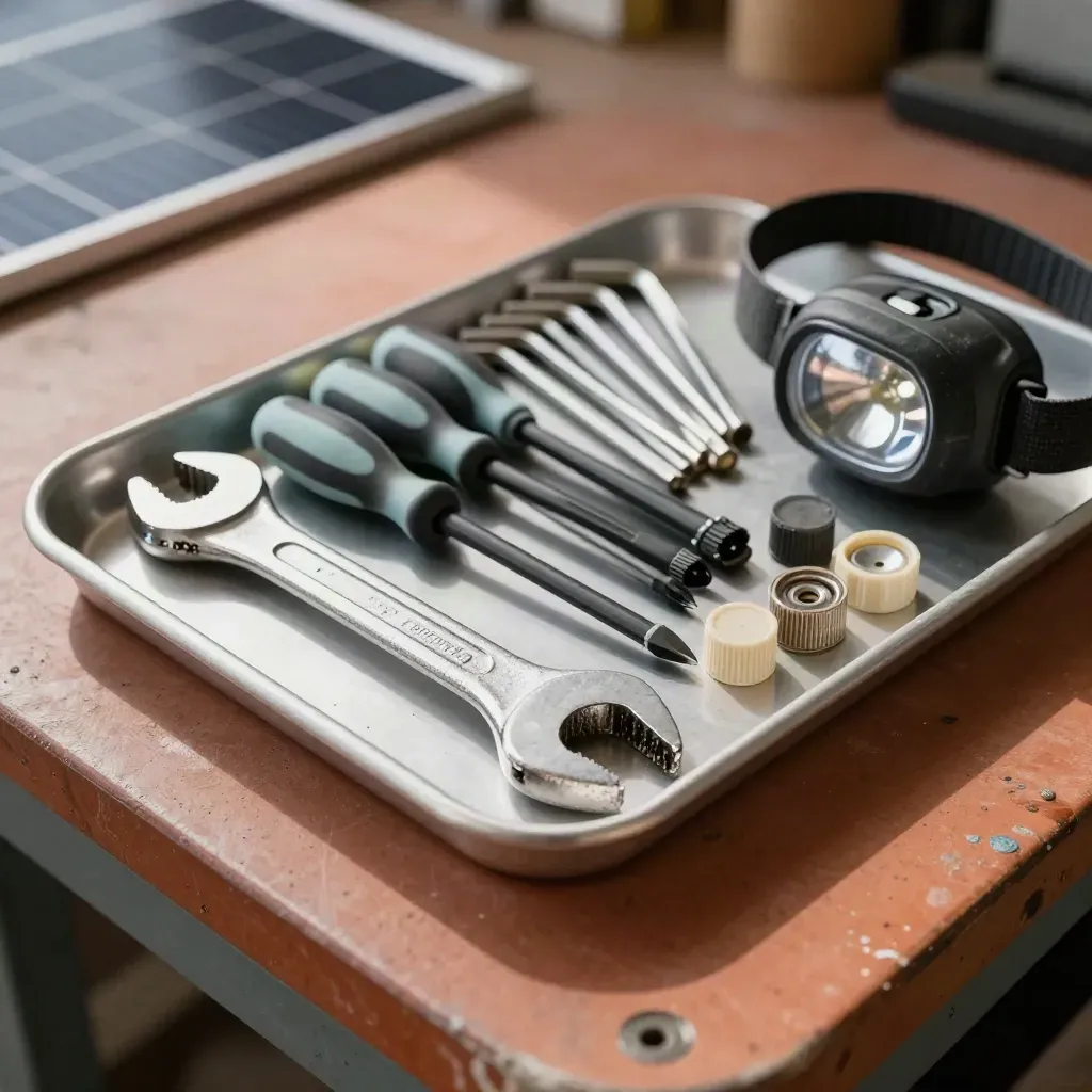 Herramientas de técnico solar ordenadas sobre un banco, con llave dinamométrica y destornilladores.