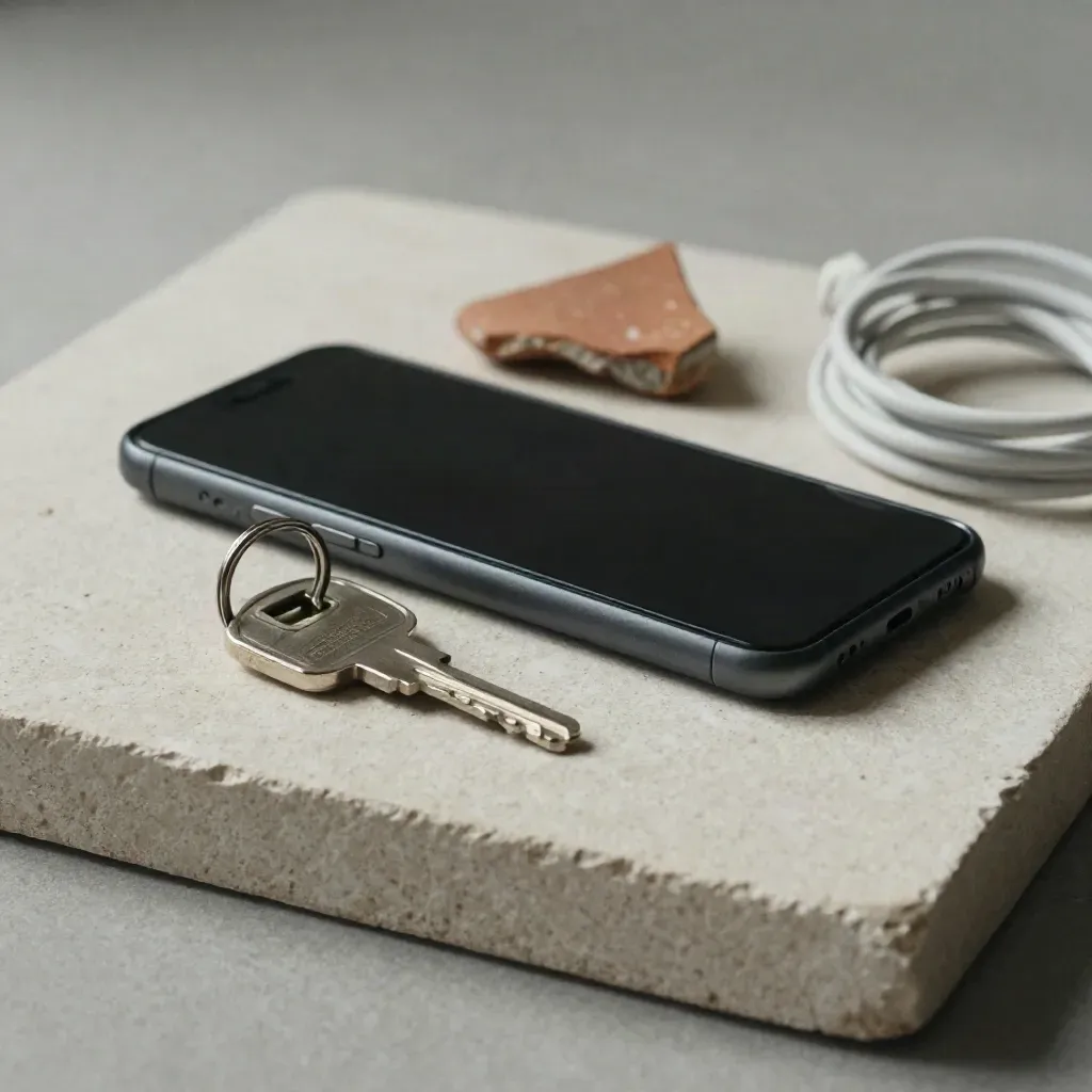 Smartphone boca abajo, llavero y fragmento de teja sobre bandeja de piedra, luz suave