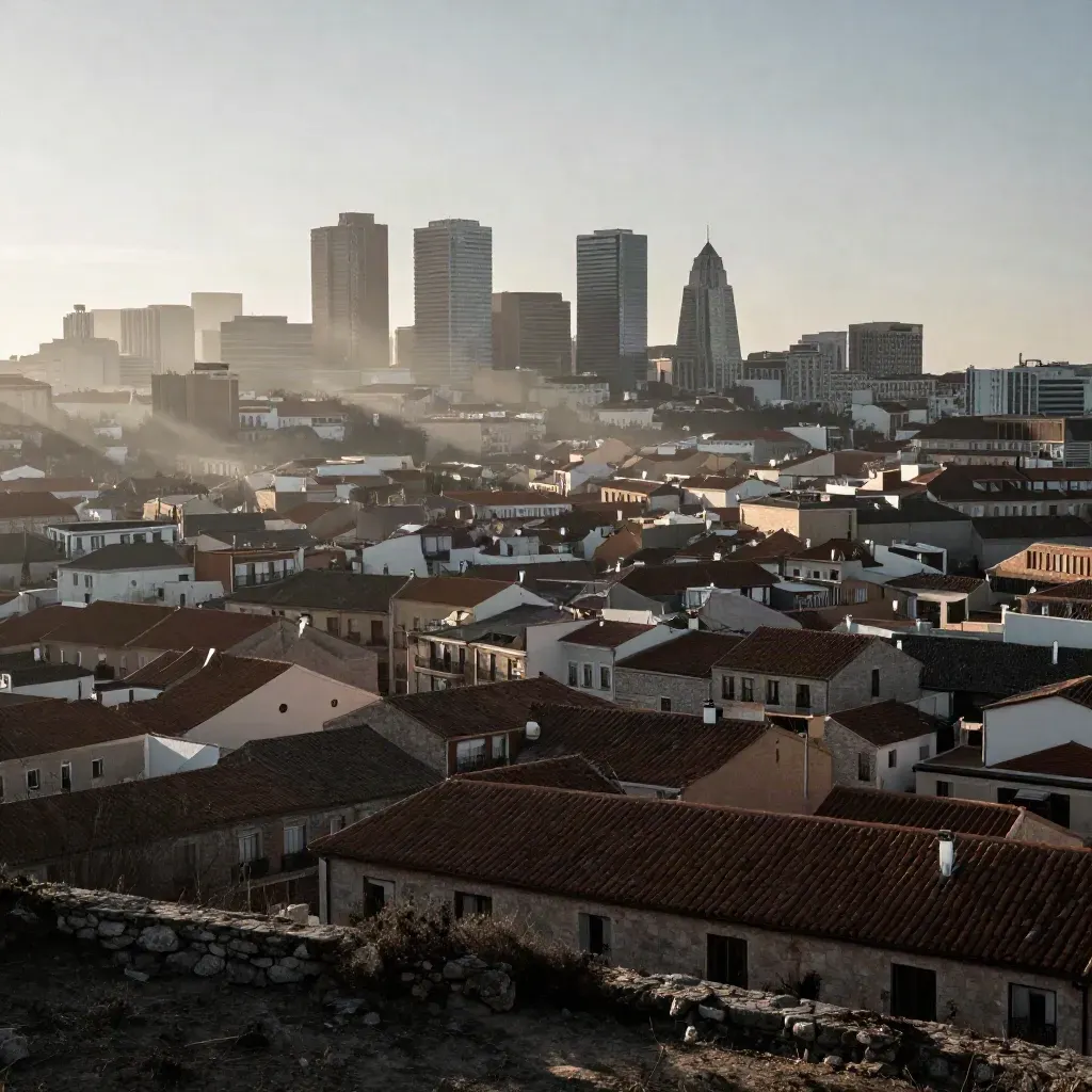 Skyline de Cuatro Torres sobre tejados terracota y niebla fría al amanecer en Madrid.