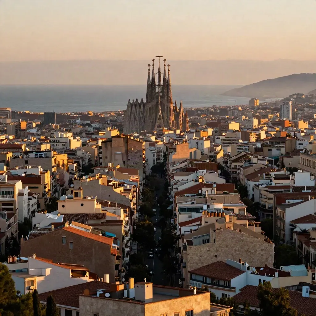 Barcelona al atardecer con la Sagrada Família sobre el damero del Eixample y bruma marina