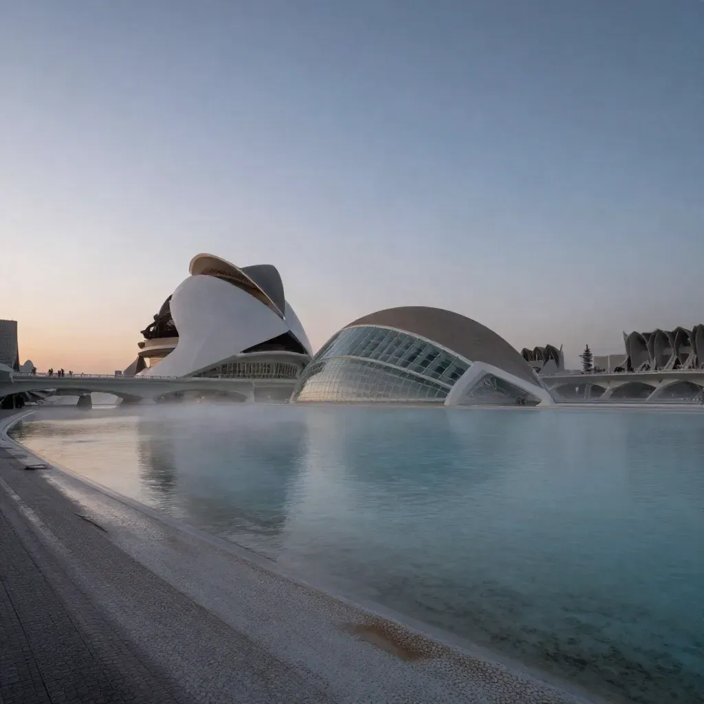 Vista azul de la Ciudad de las Artes y las Ciencias sobre una llanura costera brumosa.