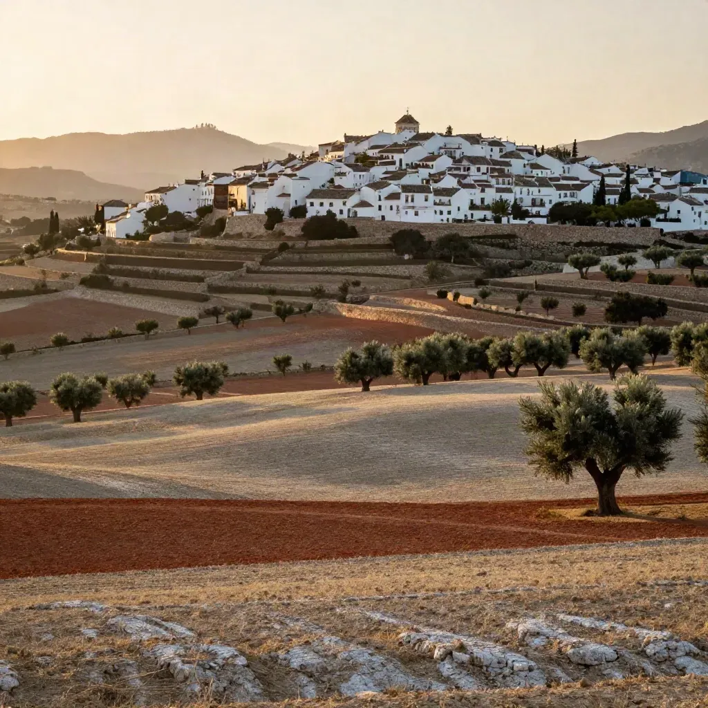 Paisaje andaluz con pueblos blancos, olivares y Sierra al atardecer.